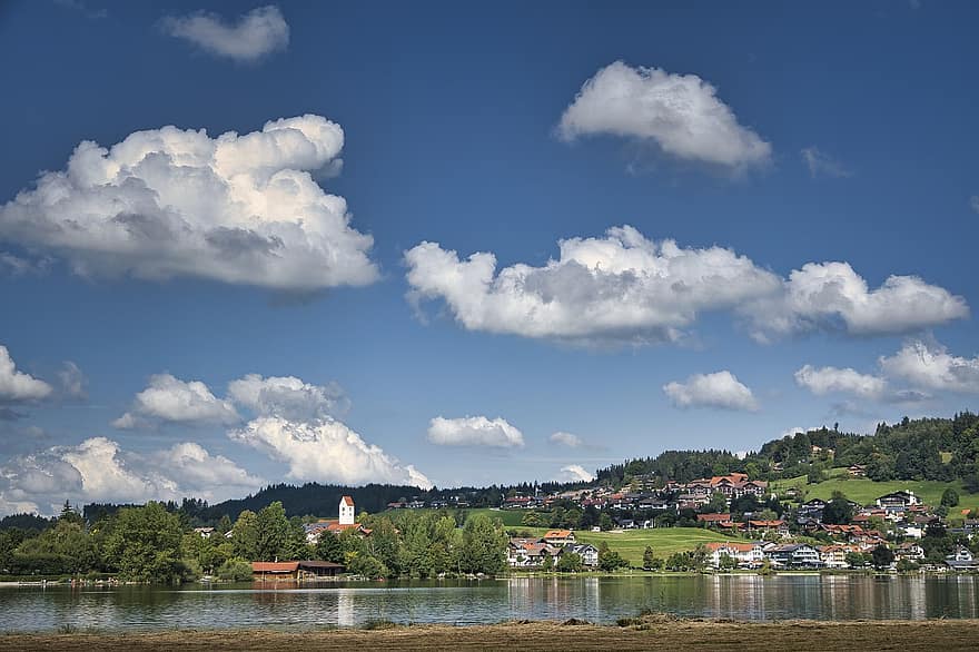 Lake, Village, Hill, Countryside, Town, Reflection, Water, Clouds, Sky