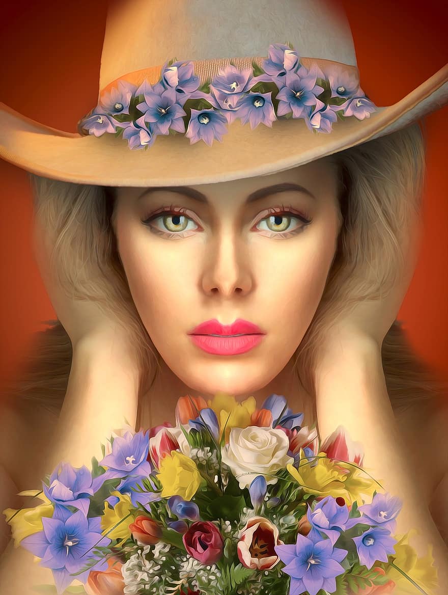 cowgirl, πορτρέτο, πρόσωπο, γάμος, λουλούδια, καπέλο, γυναίκα, κυρία, αρκετά, πανεμορφη, ζωγραφική