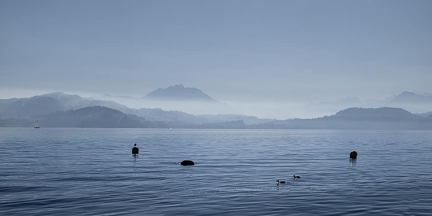 озеро, горы, туман, Цуг