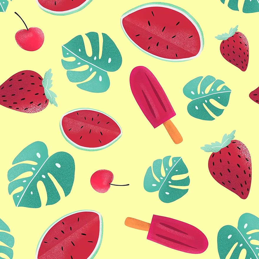 Wassermelone, Blätter, Erdbeere, Eis, Kirsche, rot, Textur, Geschmack, Lebensmittel, Farbe, Vitamine