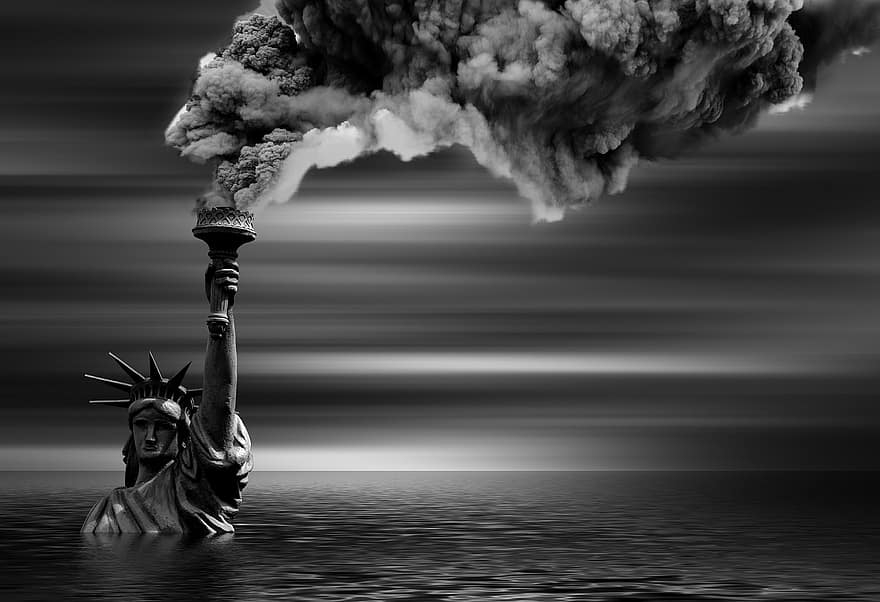 مناخ ، تغير المناخ ، تمثال الحرية ، دخان ، الضباب الدخاني ، غازات العادم ، حماية المناخ ، بيئة ، نهاية العالم ، ماء ، ضبط