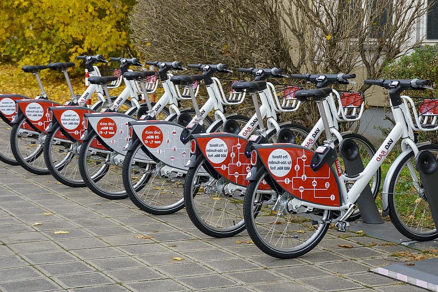 cykler, leje, kommune, by-, cykel, transportmidler, transportform, cyklus, i en række, byliv, cykling
