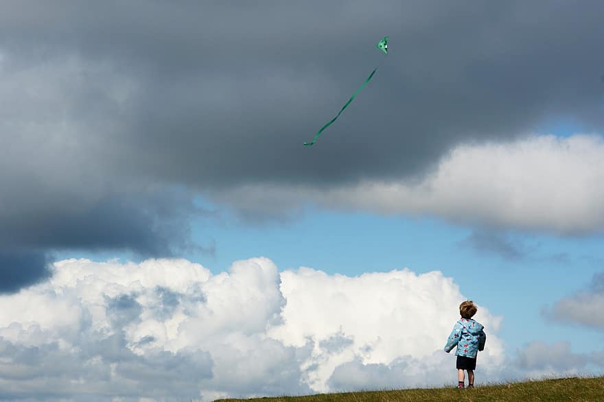 Child, Kite Flying, Field, Windy Day, Nature, Clouds