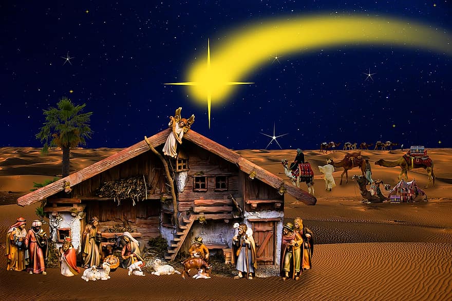 宗教、クリスマス、クリスマス物語、聖三王、星、砂漠、ベビーベッド、キリスト、イエス、子、贈り物