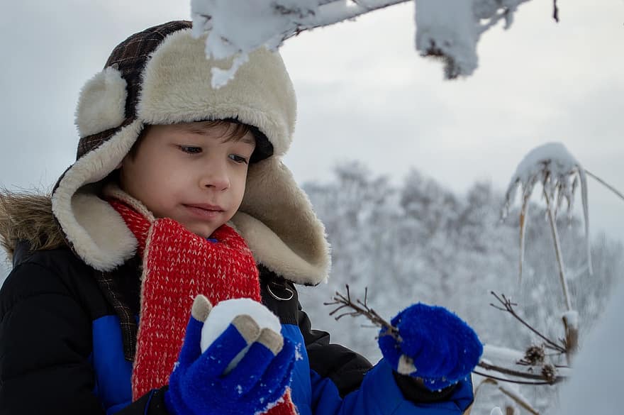 zēns, ziemā, portrets, cepure, mežs, sniegs, bērni, krievu, slāvi, sibīrija, bērns