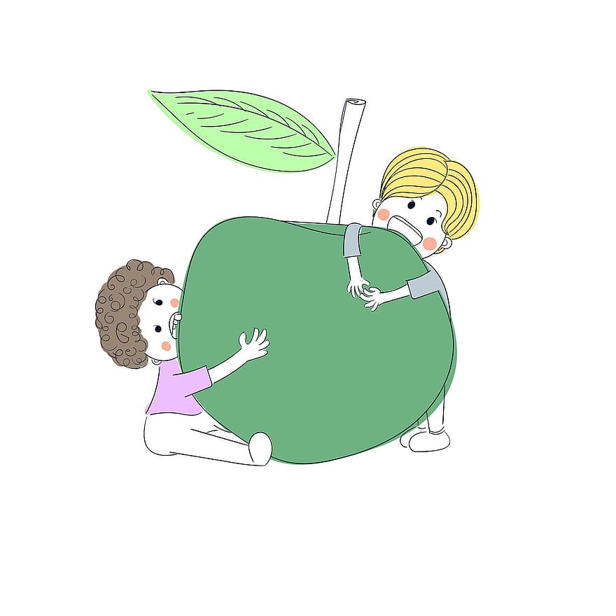 hedelmä, Lasten, söpö, omena, vihreä omena, lapset, lapsuus, onnellinen, syödä, purra, hauska
