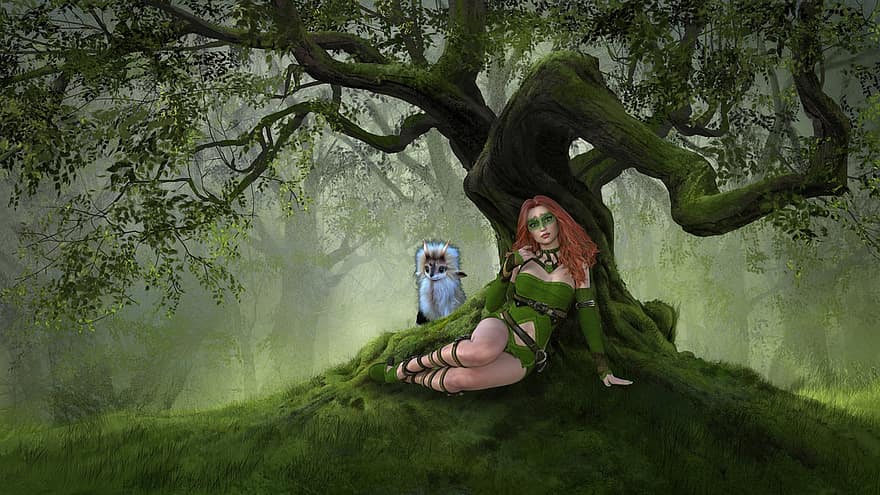 fondo, bosque, árbol, niebla, duende, criatura, fantasía, hembra, personaje, arte digital, mujer
