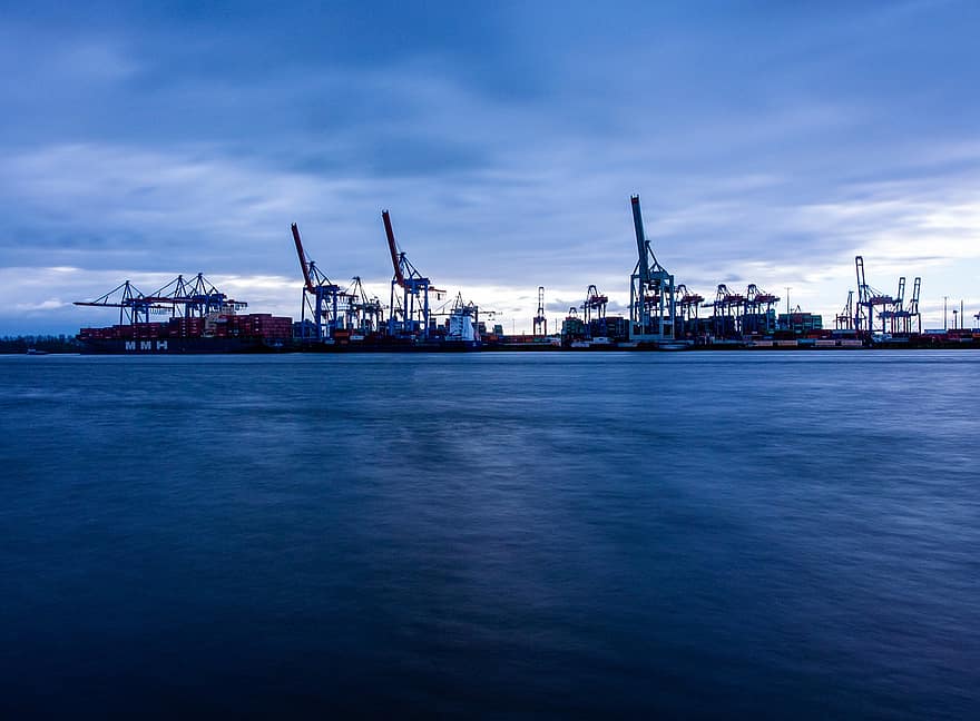 Hambourg, Elbe, Port, navires, eau, port à conteneurs, couler, livraison, conteneur de fret, transport de fret, transport
