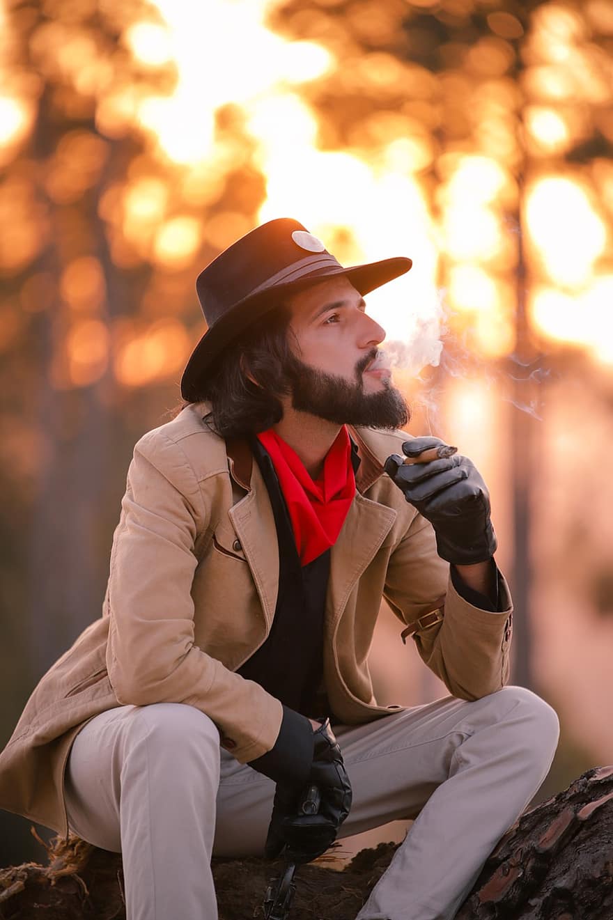adam, kovboy, model, portre, duman, sigara içmek, sigara tiryakisi, kovboy şapkası, erkek, sakallı adam, erkek manken