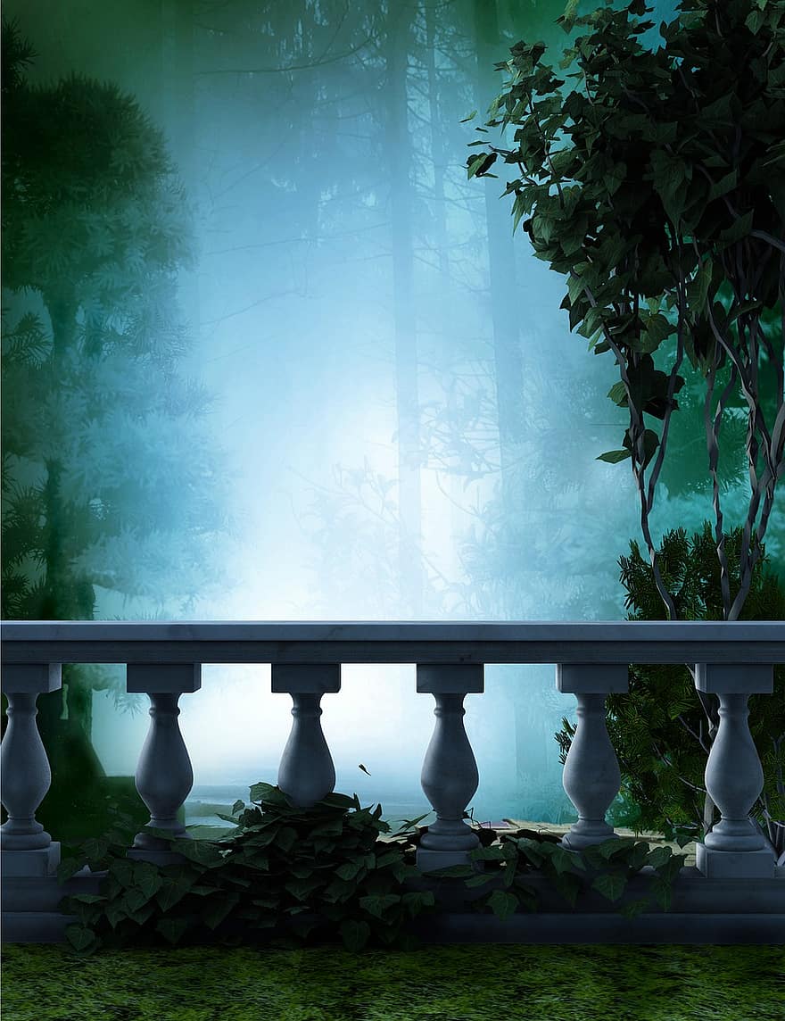 zils, balkons, ainavu, atmosfērā, koksne, romantisks, naktī, atpūsties, pasaka, migla, noslēpumains