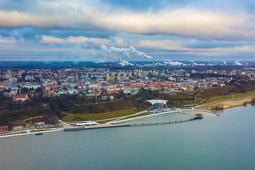 река, мост, сгради, Плоцк, Висла, облаци, вода, нефтохимия, градски пейзаж, изглед от въздуха, известното място