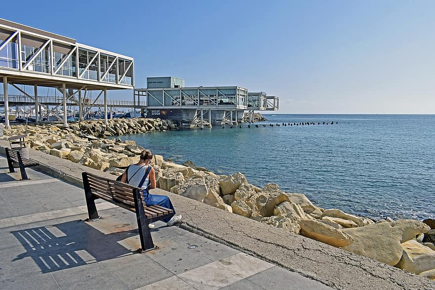 разходка, крайбрежие, вълнолом, море, океан, брегова линия, архитектура, Кипър, Лимасол, градски, хора