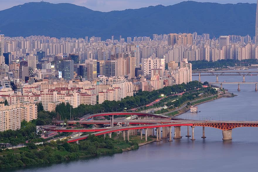 แม่น้ำ, เวลาพระอาทิตย์ตก, เมือง, ในเมือง, สะพาน, สิ่งปลูกสร้าง, สถาปัตยกรรม, โซล, เกาหลีใต้, พระอาทิตย์ตกดิน, cityscape