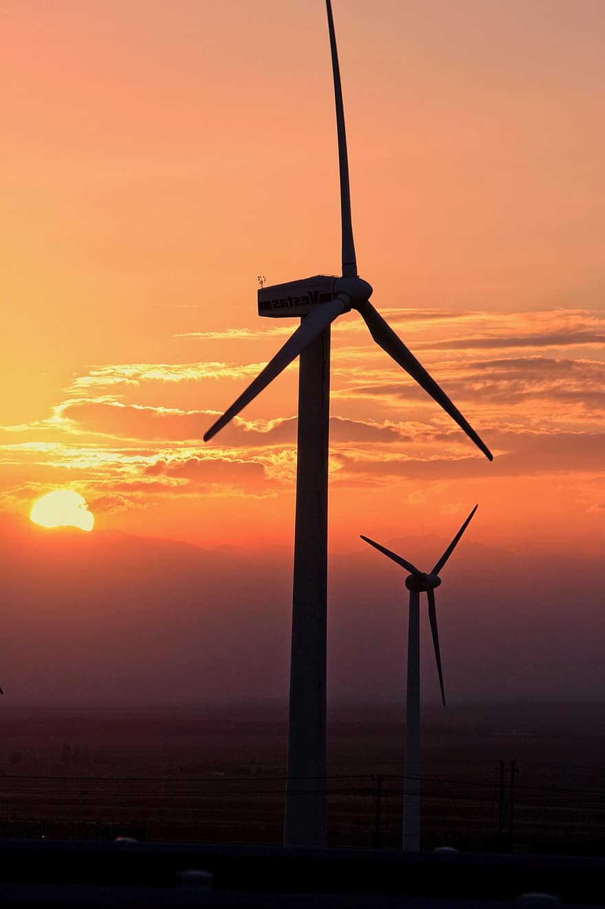 turbine eoliche, mulini a vento, energia, tramonto, elettricità, vento, cielo, nuvole, sole