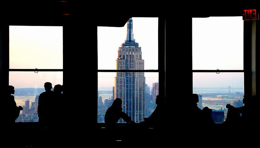 Empire State, Building, Windows, Sunset, Manhattan, Interior, New York, Rockefeller, Center, People, Dialogue