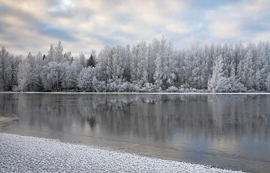 река, зима, гора, пейзаж, сняг, Финландия, дърво, лед, скреж, сезон, замръзнал