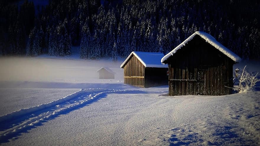 cabanas, inverno, névoa, neve, Casas de Férias, frio, geada, invernal, Nevado, arvores, paisagem de neve