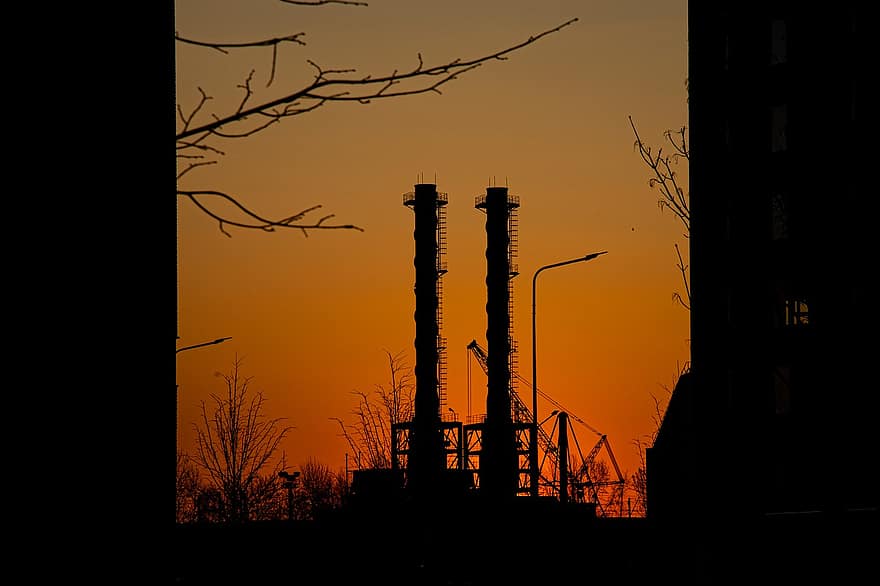 Factory, Sunset, Industrial, Outdoors, silhouette, back lit, dusk, construction industry, industry, fuel and power generation, sunrise