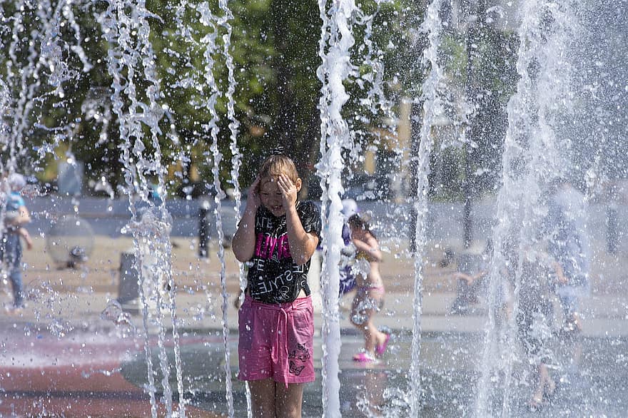 fontein, meisje, Jet, water, zomer, warmte, stad-, straat