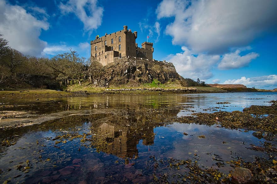castillo, agua, reflexión, estructura, arquitectura, mar, nubes, cielo, Escocia, naturaleza, historia