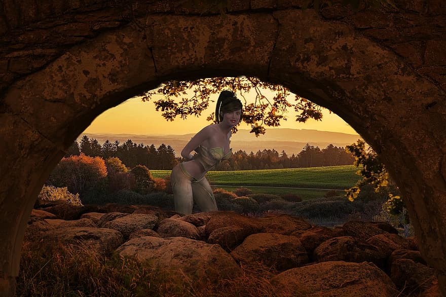 Background, Forest, Valley, Archway, Rocks, Woman, Fantasy, Female, Character, Digital Art