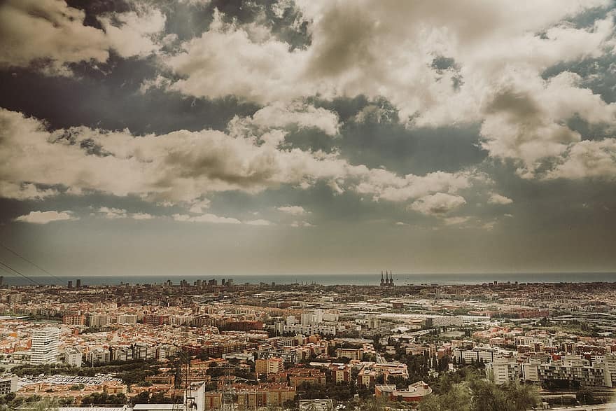 バルセロナ、風景、スペイン、空、カタルーニャ、シティ、建築、ヨーロッパ、都市、海、建物