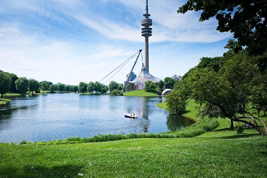 lago, parque, bote de pedales, Olympiapark, Munich, torre, bote, agua, reflexión, banco, campo