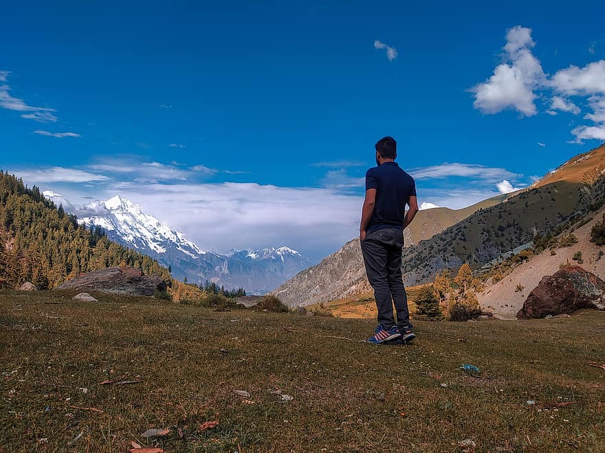 uomo, escursionista, montagne, la neve, foresta, alberi, all'aperto, paesaggio, nuvole