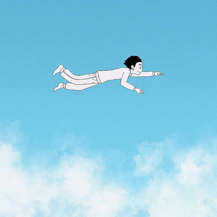 фантазия, деца, детство, синьо небе, облаци, разстояние, липсващ, летене, сини облаци