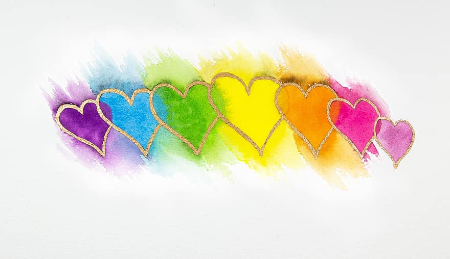 coração, papel, aguarela, amor, romance, amoroso, Dia dos namorados, fundo, sorte, cores do arco-íris, fidelidade