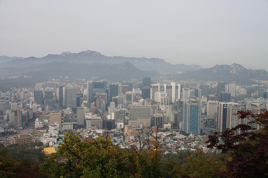 韓国、街並み、スカイライン、韓国語、建物、建築、夜、ネオン、反映する、ランドマーク、風景