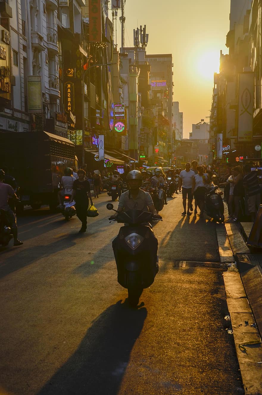 solnedgang, vietnam, silhuet, gade, by, kapital, moto, turisme, mennesker, skilte, fred