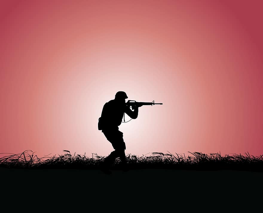 voják, armáda, pistole, západ slunce