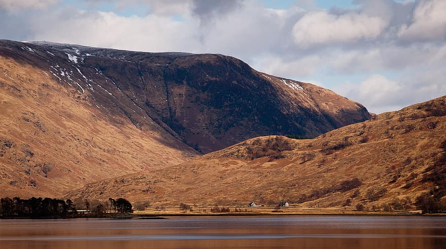 sø, bjerge, bank, Skotland, højland, landskab, natur, bakker, dal, naturskøn, refleksioner