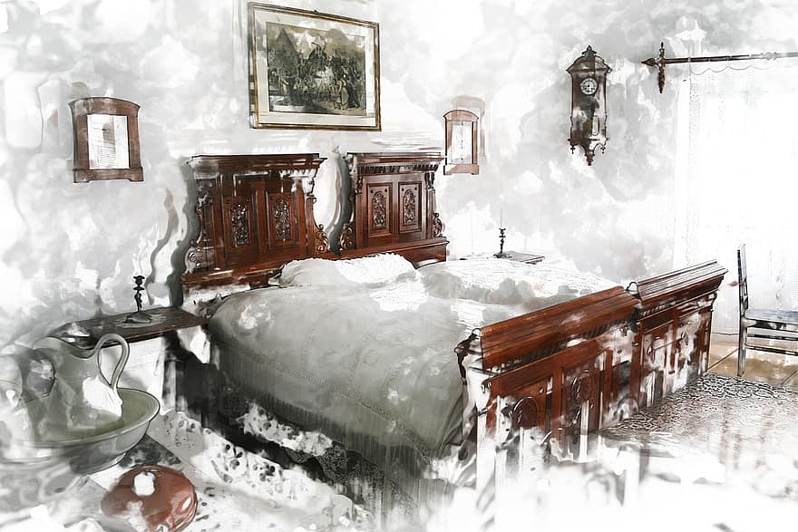 antik, gammal, rum, möbel, humör, fredlig, inredningsdesign, säng, sovrum