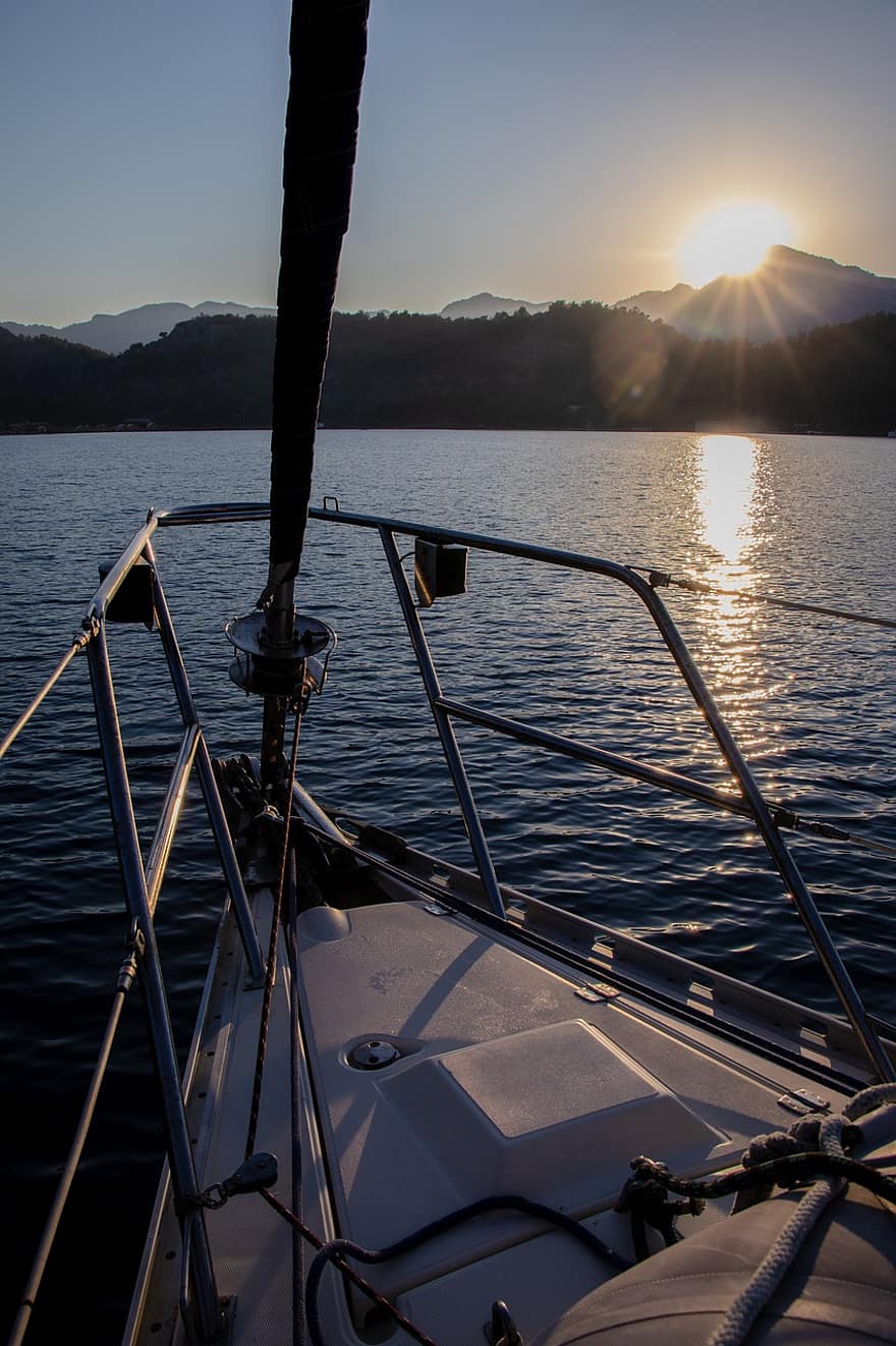 bote, navegación, mar, Oceano, agua, reflejo de agua, Dom, luz del sol, puesta de sol, amanecer