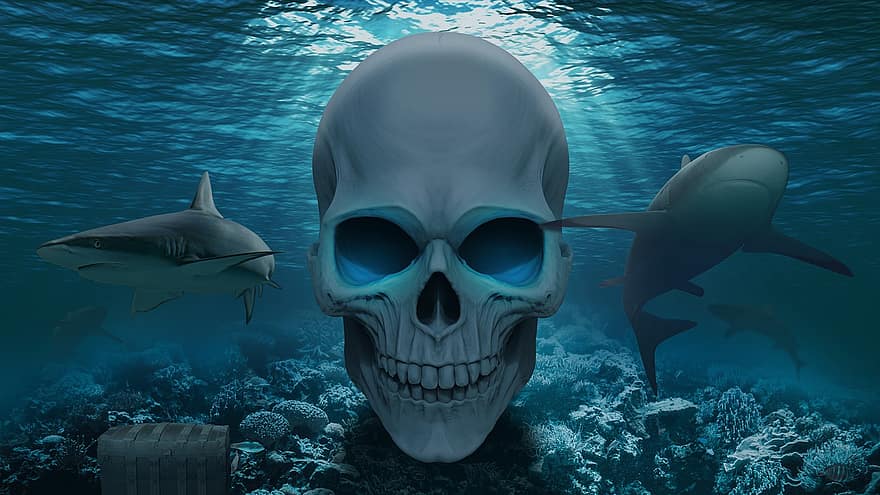 crânio, tubarões, embaixo da agua, oceano, fundo, fantasia, agua, mar, raios solares, luz solar, ondulação