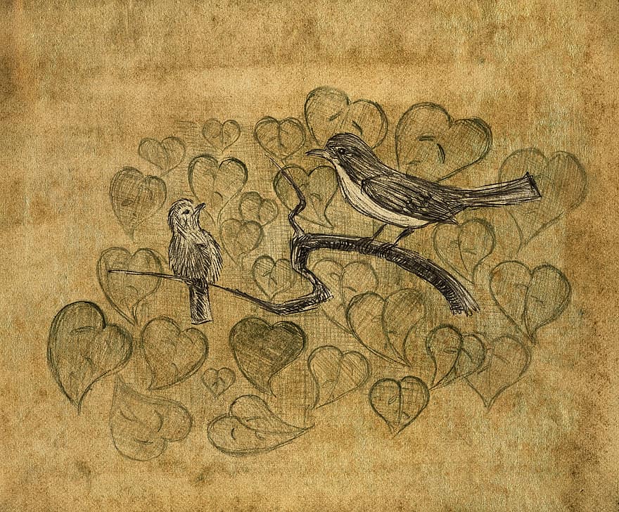 पक्षियों, आकृति, पुराना, भूरा, चित्रण, हाथ से, का चित्र, प्रकृति, ग्राफिक्स, चिड़िया, पेड़