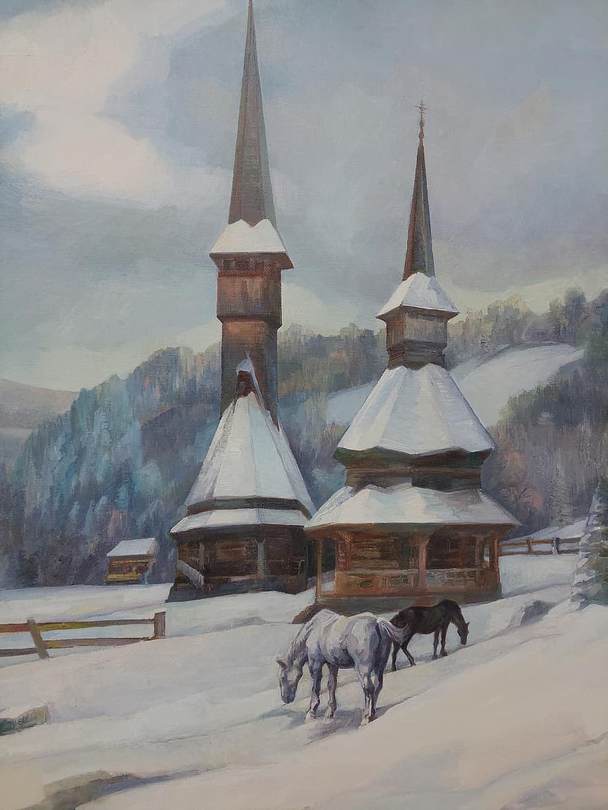 Art, Painting, Winter, Church, Maramures