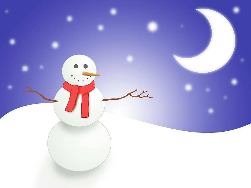 meninis, sniego žmogus, sniegas, žiemą, žaisti, mėnulis, žvaigždės, Kalėdos, šventė, laimingas, skrybėlę