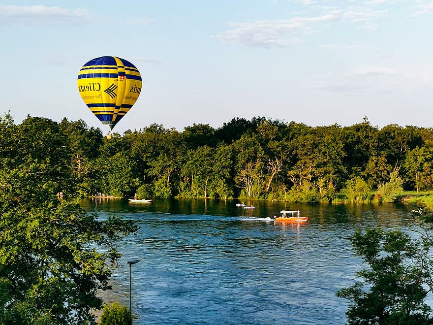 балон с горещ въздух, река, лодка, природа, дървета, гора, вода, Рейн, езеро Констанс