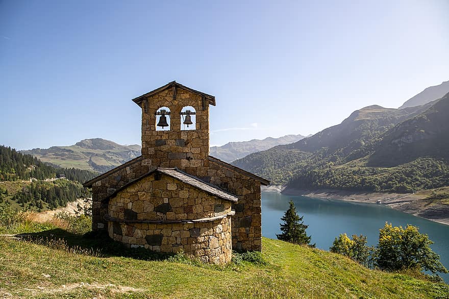kapel, kirke, sø, dæmning, arv, Roselend, Savoie