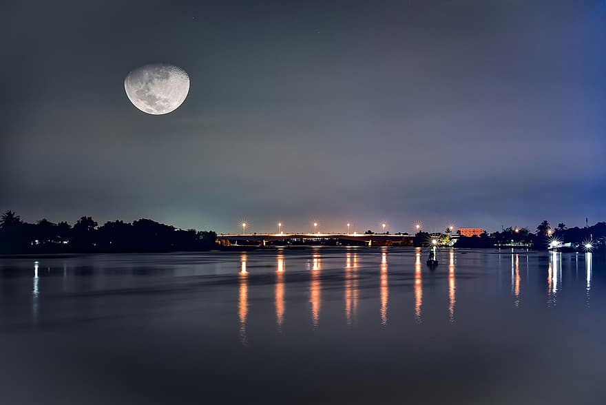 річка, місячне світло, краєвид, В'єтнам, на відкритому повітрі, місто, подорожі, ніч, сутінки, води, рефлексія