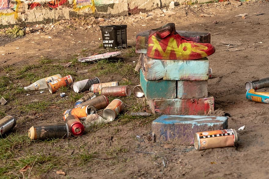 grafite, latas de spray, arte de rua, Lixo, lixo, latas de tinta