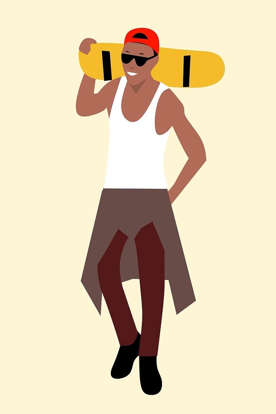 afrikansk, tegneserie karakter, idé, ung mann, stående, holding, rullebrett, på skulderen