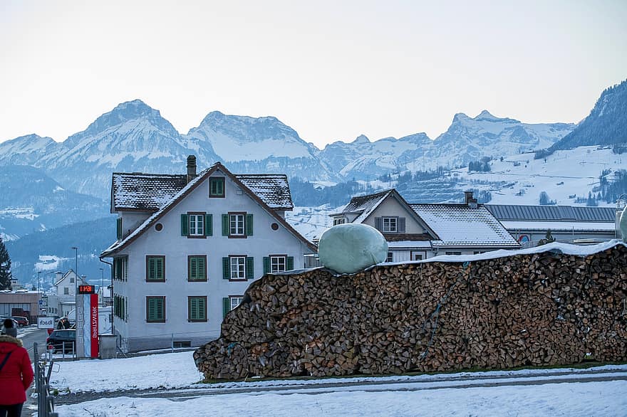 talot, hytit, kylä, lumi, talvi-, ilta, Sveitsi, vuori, puu, maisema, ympäristö