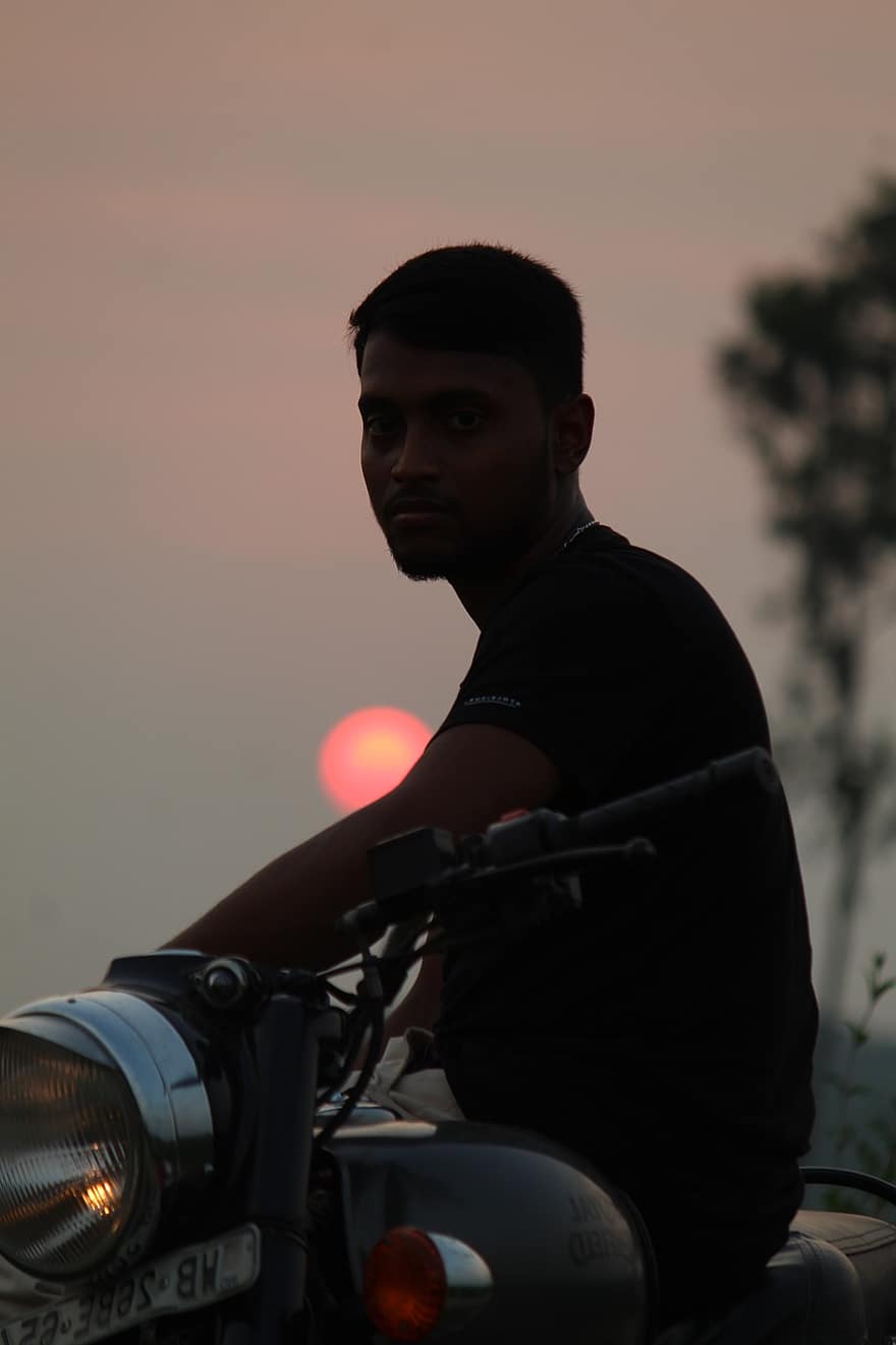 adam, motosiklet, gün batımı, doğa, fotoğrafçılık