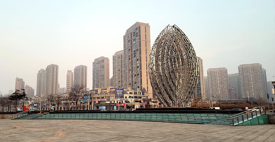 город, здания, Dalian, башни, небоскребы, линия горизонта, ориентир, туристическая достопримечательность, парк, в центре города, городской