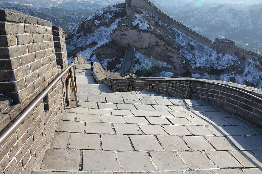 Великая китайская стена, пекин, зима, снег, Китай, туристическая достопримечательность, гора, архитектура, известное место, кирпич, путешествовать