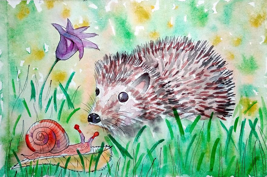 Hedgehog, Animals, Needles, Forest, Snail, Flower, Grass, Glade, Figure, Illustration